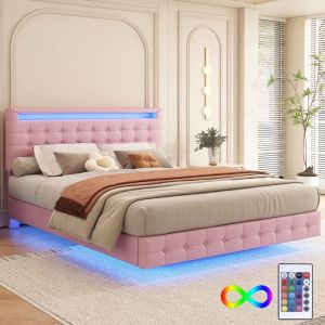 Lit double capitonné 140x200 cm - avec éclairage led et tête de lit réglable, sommier à lattes, cadre de lit suspendu, lit adulte style Scandinave