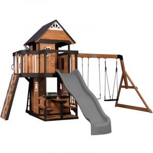 Backyard Discovery Canyon Creek Aire de jeux / Structure compl&egrave;te Balan&ccedil;oires / Toboggan / Mur d'escalade / Table de pique-nique Maisonnette sur