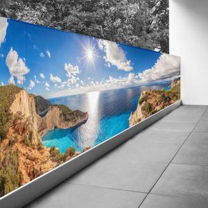 Lumaléa - Brise vue Trompe l'oeil - 100x277 cm - Vue mer - Recto Imprimé / Verso BlancBâche Micro Perforée - 80% d'occultation