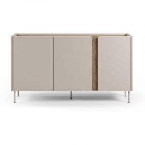 Buffet, meuble de rangement avec 3 portes aspect bois coloris cr&egrave;me, ch&ecirc;ne et pieds en m&eacute;tal - Longueur 150 x Profondeur 40,5 x Hauteur 82,50 cm