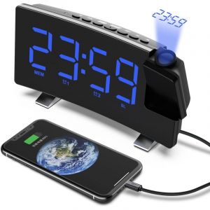 BEBUSINGOTO Radio R&eacute;veil &agrave; Projection, R&eacute;veil Projection Plafond 180&deg;, Horloge Num&eacute;rique FM USB avec Double Alarmes, Minuteur de Mise en Veille,