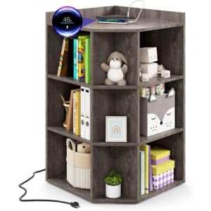 GOPLUS Biblioth&egrave;que d'angle avec Station de Charge, 4 Prises, 2 USB, 3 Niveaux avec 9 Casiers pour Jouets, Livres, Organisateur de Rangement d'angle