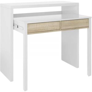 Dmora Table console Billings, Bureau avec plateau extensible, Bureau PC avec 2 tiroirs, cm 99x36h88, Blanc et Chêne, avec emballage renforcé