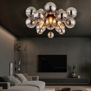 Globo - Lampe de plafond 3 flammes Lampe de plafond Salon Boule de verre fum&eacute; noir, m&eacute;tal verre, 3x E14 douilles, DxH 55x28 cm