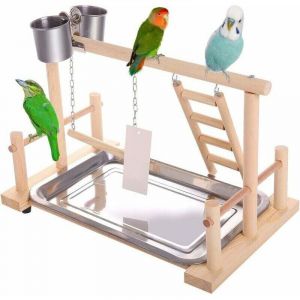 Aire de Jeux Jouet pour Oiseaux Terrain de Jeu pour Perroquet Accessoire de Cage pour Cacato&egrave;s avec Mangeoires &eacute;chelle Balanoire Plateau pour