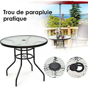 Goplus - Table de Jardin Ronde D80xH71CM-Plateau en Verre Trempé à Eau avec Trou de Parasol-Charge 75KG-pour Terrasse/Balcon
