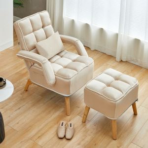 Clipop - Fauteuil scandinave avec repose-pieds - En velours - Avec repose-pieds - Pour salon, chambre à coucher, bureau - Beige