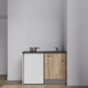 Kitchenette K08L-PT - 120 cm avec plan de travail et évier - emplacement frigo - Façade Bois - Plan Noir texturé - Evier Inox - Crédences Non