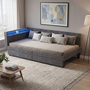 M&eacute;ridienne,m&eacute;ridienne 90x200cm avec tiroirs, canap&eacute;-lit avec LED et USB,sommier &agrave; lattes,lit simple,design lumi&egrave;re ambiante,lit avec deux