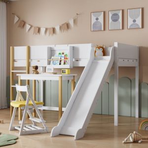 Lit mezzanine 90x200cm, lit enfant avec toboggan et table, avec échelle 3 marches, étagères amovibles, pin+MDF, blanc