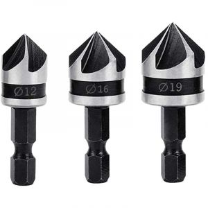 3PCS Fraises &agrave; Chanfreiner 90 Degr&eacute;s 5 Fl&ucirc;te Conique &agrave; Noyer 12mm/16mm/19mm 1/4" Hex Foret Fraisage en Acier au Carbone pour Coupe de Chanfreinage de