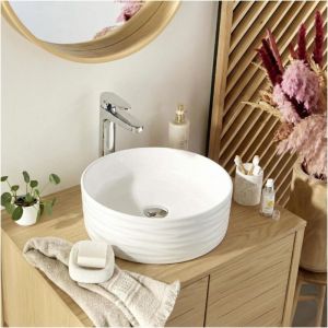 Vasque &agrave; poser ronde en c&eacute;ramique structur&eacute; blanche 36cm