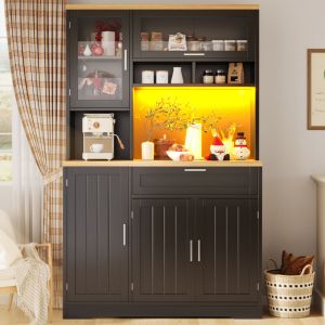Meuble haut de cuisine/vitrine 104x40x180 cm avec &eacute;clairage LED int&eacute;gr&eacute;, rangement polyvalent cuisine salon, panneaux de bois, noir