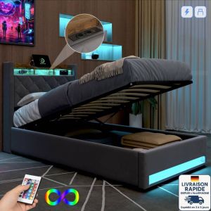 lit 90 x 190 avec sommier et rangement,lit coffre 140x190,Lit adult 140x190,lit capitonn&eacute;,lit simple ,LED r&eacute;glable et chargement USB,lin,Gris fonc&eacute;