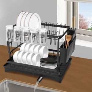 &Eacute;gouttoir moderne &agrave; 2 niveaux &Eacute;gouttoir de cuisine pour assiettes et couverts &Eacute;gouttoir &Eacute;gouttoir &agrave; couverts Noir