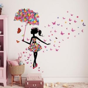 Stickers Muraux Fée Fleur Autocollants Mural Fille Papillon Stickers Muraux Fille Avec Parapluie pour Chambre de Bébé Pépinière D'enfant Décoration