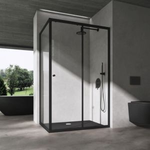 Doporro Cabine de Douche en Angle Porte Coulissante avec Receveur Profilés Noir Verre Transparent 6mm avec Revêtement nano 90x140x190cm Montage