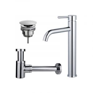 Fugaflow - Eccelente Sobrado Kit mitigeur lavabo - robinet rehaussé - bonde non-obturable - siphon design bas - Chrome brillant