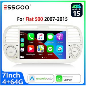 Autoradio Android 15 pour Fiat 500 (2007&ndash;2015) &Eacute;cran Tactile 7 Pouces CarPlay sans Fil et Android Auto Blanc - 4+64G
