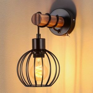 Zmh Applique Murale Industrielle Noire, Bois & M&eacute;tal Haute Qualit&eacute;, Interrupteur Pratique, Douille E27 (sans ampoule). Parfaite pour Salon, Chambre,