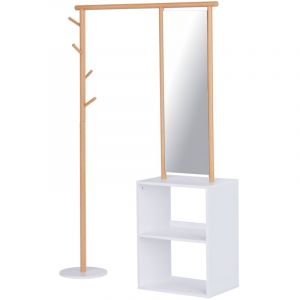 Porte-manteaux meuble d'entr&eacute;e vestiaire penderie avec miroir 4 pat&egrave;res 2 niches dim. 100L x 34l x 164H cm MDF blanc bois massif bambou