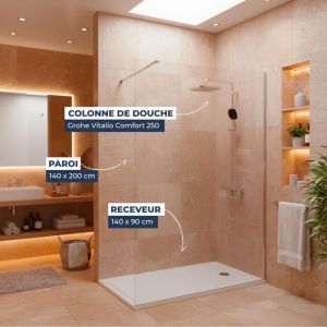 Grohe Pack Douche Complet &ndash; Paroi Walk-In 140x200 Chrome + Colonne Grohe Vitalio 2 Jets + Receveur Marbre Coul&eacute; Blanc 140x90