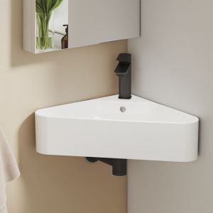 EMKE Lavabo d&rsquo;Angle en C&eacute;ramique 56x34x13cm, Blanc Brillant, Vasque Murale Triangulaire avec Trou pour Robinet