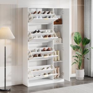 Meuble à chaussures avec miroir, 4 abattants et étagère réglable, idéal pour entrée ou couloir, Blanc - Roomfitters