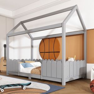 Lit enfant cabane 90x200 en bois - Avec barri&egrave;re s&eacute;curit&eacute; et sommier lattes - Gar&ccedil;on/fille - Couleur gris (Matelas non fourni)