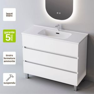 Meuble de salle de bain plan vasque Céramique, 3 Tiroirs,l80xh90xp45, Laqué Blanc Brillant, atrani