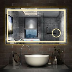 Simple Bluetooth led Tricolore tactile Miroir de salle de bain avec loupe Horloge anti-buée et mémoire 120x70cm - Aica Sanitaire
