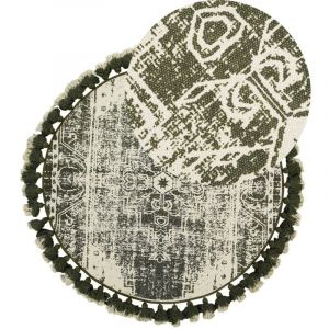 Beliani - Tapis Rond Design Vieilli avec Pompons&oslash; 120 cm en Coton Blanc Cr&egrave;me et Vert Kahta