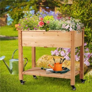Yaheetech Carr&eacute; Potager Sur&eacute;lev&eacute; Lit de Jardin sur Pieds avec Etag&egrave;re Inf&eacute;rieure de Rangement en bois pour Terrasse/Balcon/Jardin 87 x 83.5 x 47 cm