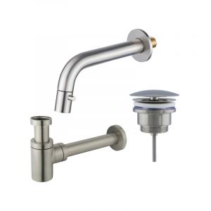 Fortifura - Calvi Robinet lave-mains - encastrable - bec 18cm - à raccourcir - siphon - bonde non-obturable - Inox brossé pvd