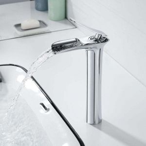 Modern Robinet Lavabo Cascade Haut, Robinet Mitigeur Lavabo Haut en Laiton, Robinet Salle Bain Cascade avec Bec Haut Hauteur 235mm, Robinet Cascade