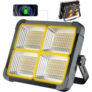 Projecteur LED rechargeable 100W, 336 LEDs, panneau solaire, 4 modes d'&eacute;clairage, batterie externe 12000mAh, id&eacute;al pour camping/travail/p&ecirc;che, 1 pi&egrave;ce