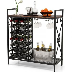 Goplus - tag&egrave;re &agrave; Vin avec Casier &agrave; Vin 21 Bouteilles, 2 Porte-Verres pour 6 Verres, Table de Bar &agrave; Vin Style Industriel Grand Plateau pour Salle &agrave;