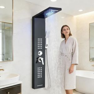 Colonne de douche Hydromassante noir avec Mitigeur ,LED Panneau de douche &agrave; 5 Fonctions:Douche de Cascade, Pluie,Jets de Massage, Douchette, Bec de