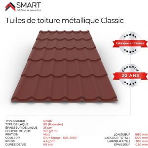 Tuile de toiture - bac acier - Couverture m&eacute;tallique CLASSIC Coloris Rouge Oxyde 3009 Matt Dimensions 1850x1200x0.50mm