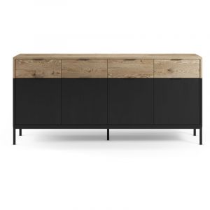 Buffet, meuble de rangement avec 4 portes et 4 tiroirs aspect bois coloris ch&ecirc;ne et pieds en m&eacute;tal noir - Longueur 180 x Profondeur 40 x Hauteur 80 cm