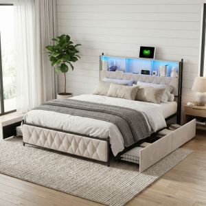 Lit adulte 160x200, 4 tiroirs, Lit double avec &eacute;clairage LED, t&ecirc;te de lit rangement et ports USB/Type-C, Cadre de lit en m&eacute;tal et bois, scandinave,