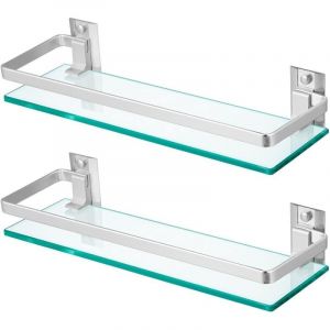 Lot de 2 &eacute;tag&egrave;res de salle de bain en verre tremp&eacute; avec rail, &eacute;tag&egrave;re de douche rectangulaire 38 x 11,4 cm, porte-shampoing mural flottant pour