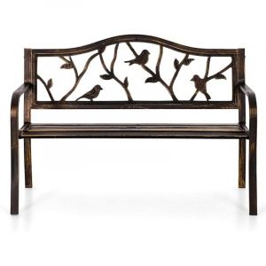 PHI VILLA Banc de jardin en m&eacute;tal, structure en acier, banc 2-3 places d'ext&eacute;rieur avec motif d'oiseaux, dossier, banc pour parc, jardin et terrasse,