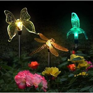 Lot de 3 lampes solaires de jardin en forme de papillon, colibri, libellule, LED &agrave; &eacute;nergie solaire, multicolore