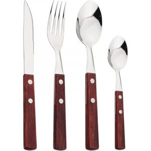 Aiperq &ndash; Ensemble de couverts 4 pi&egrave;ces en acier inoxydable 304 &ndash; Manche en bois massif &ndash; Couverts renforc&eacute;s pour durabilit&eacute; &ndash; Ustensiles de service