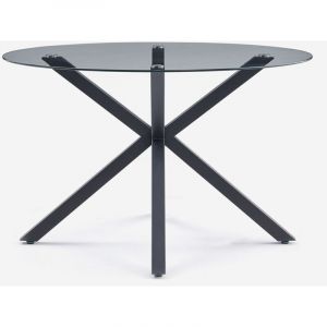Table ronde moderne en verre 120cm avec pieds crois&eacute;s noir Lotos