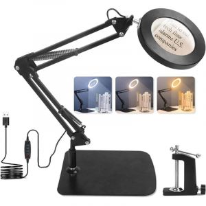 Lampe Loupe 10X Lampe De Bureau Loupe avec Lumi&egrave;re Et Support, Loupe De Lecture LED avec Pinces Et Base, Lampe Loupe De Bureau 3 Couleurs 10