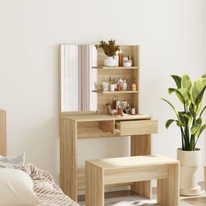 Bonnevie &ndash; Coiffeuse moderne avec miroir en ch&ecirc;ne sonoma 74,5x40x141 cm &ndash; Meuble de rangement pour salon ou chambre &ndash; Bois d'ing&eacute;nierie durable