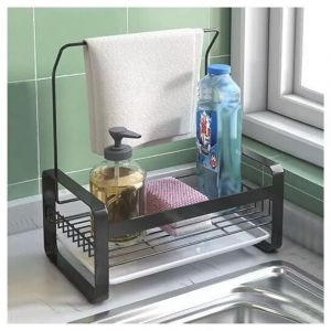 Porte Eponge d'Evier Inoxydable avec Porte-Serviettes,Panneau Amovible pour Ranger Brosses &agrave; Vaisselle,&eacute;ponges &agrave; Vaisselle et Liquide Vaisselle (Noir