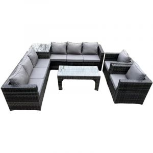 Ensemble canapé d'angle en rotin pour 8 personnes avec table d'appoint carrée et table basse rectangulaire, 2 fauteuils, gris foncé mix - Fimous